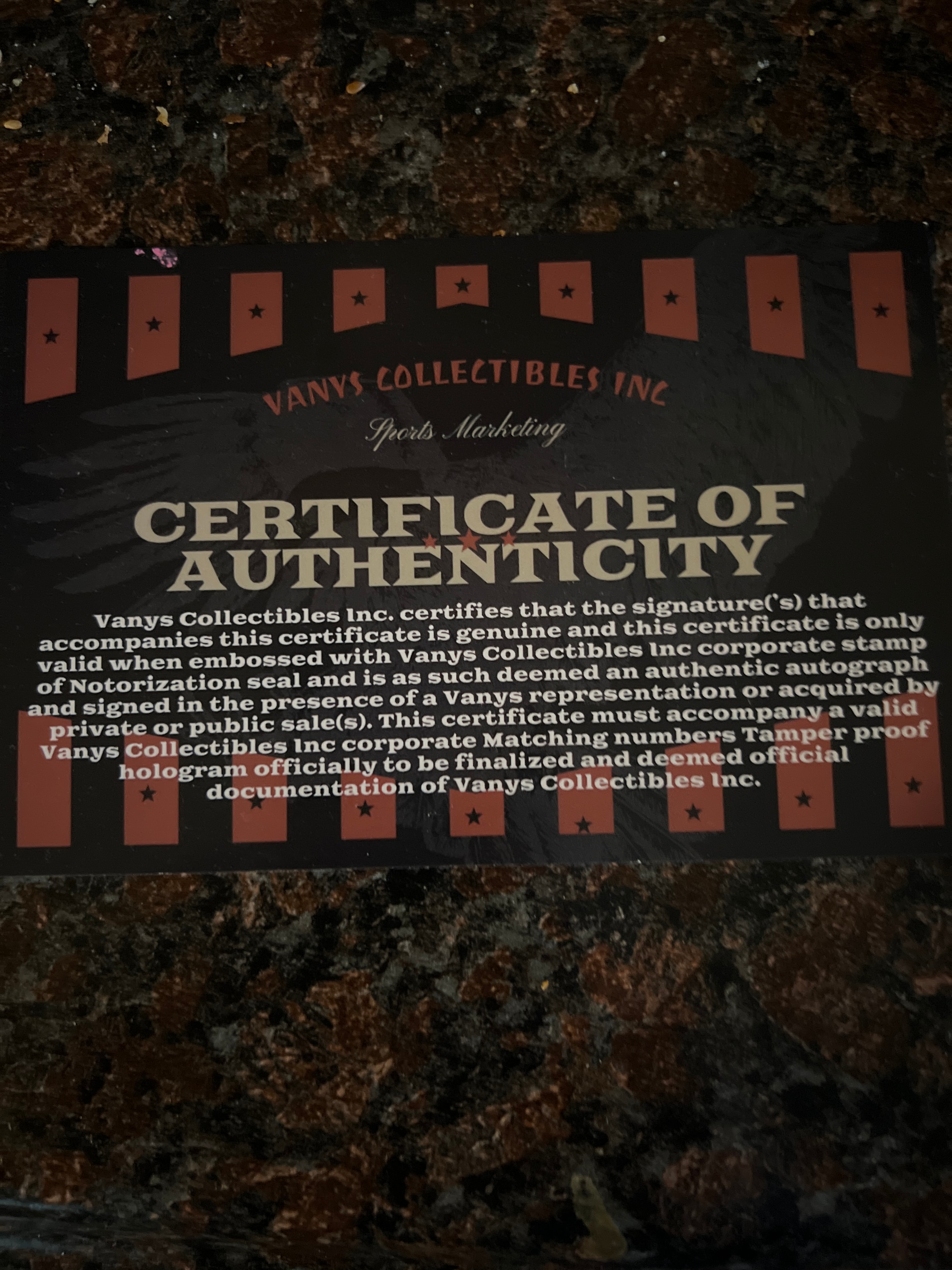 VanysCollectibles official Certificate of Authentication